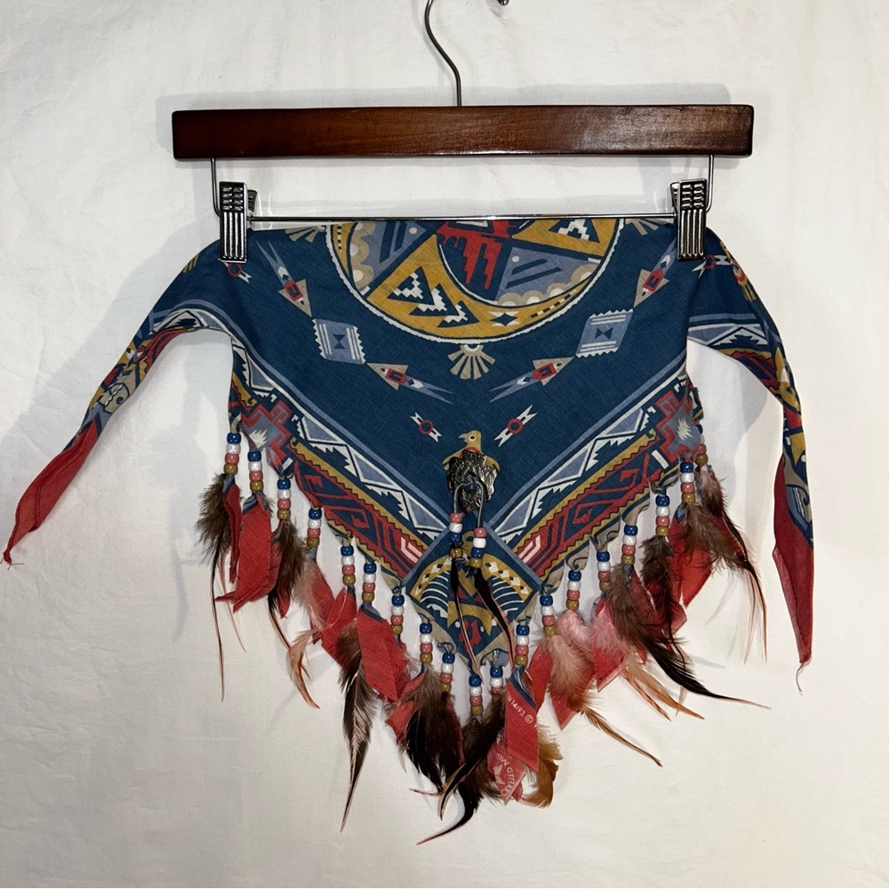 Vintage Wamcraft Western Bandana Scarf Feather Bead Fringe Boho Cowgirl